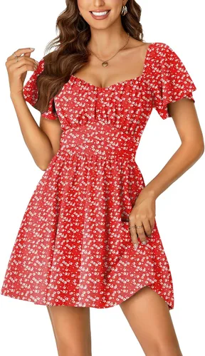 Miniatura 19 de Rooscier Minivestido acampanado de manga corta con volantes, cuello cuadrado, envolvente y espalda anudada para mujer