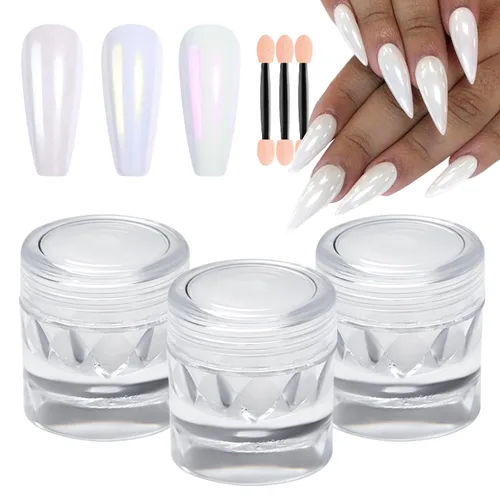 3 frascos de polvo de cromo perla blanca para uñas, efecto espejo de luz de luna, brillo blanco con purpurina aurora, pigmento brillante para diseño