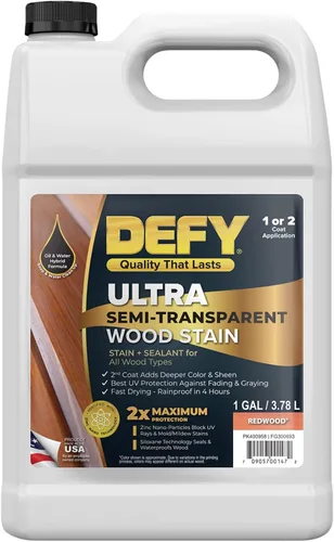 DEFY Tinte y sellador de madera ultra semitransparente para exteriores en uno – Redwood, 1 galón, tinte y sellador de cubierta | Color rico y brillo