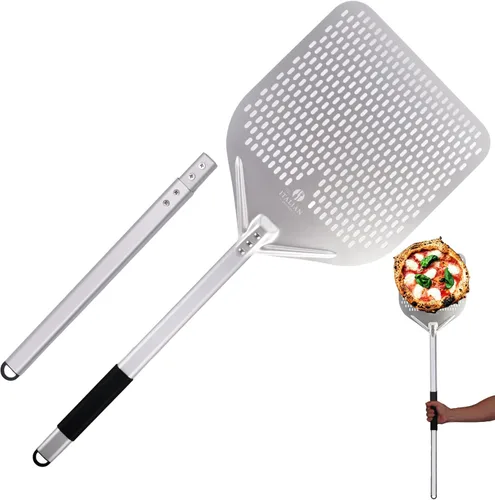 Miniatura 9 de The Italian Kitchen - Pala perforada para pizza, pala profesional de metal de 13 x 16.7 pulgadas, 27.3 pulgadas en total, funciona con todos