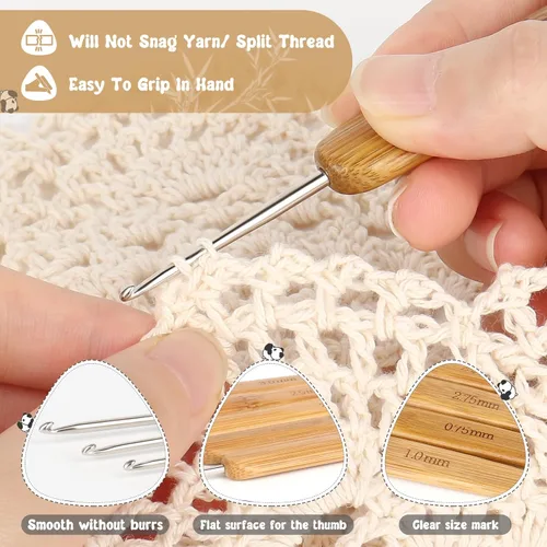Miniatura 4 de Katech 10 ganchos de ganchillo ergonómicos para ganchillo, mango de madera de bambú, gancho de ganchillo de tamaño pequeño (0.030-0.118 in), hilo