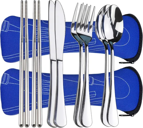 10 piezas de juego de cubiertos portátiles con estuche, Lengnoyp juego de utensilios de viaje y camping, juego de cubiertos de viaje de acero Grueso