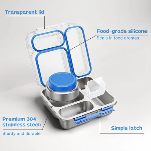 Miniatura 2 de Pawtong Caja Bento de Acero Inoxidable para Niños y Adultos con Frasco de Comida Aislado de 7 oz, Caja de Almuerzo de Metal con Tapa Transparente