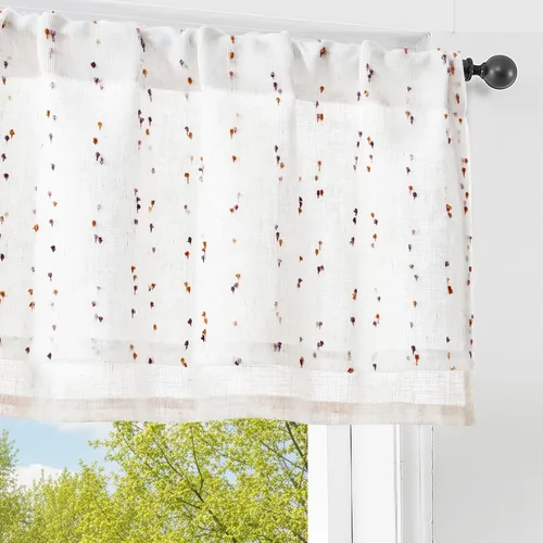 Miniatura 30 de jinchan Cortinas de cenefa para ventanas de 16 pulgadas, coloridos mini pompones, cenefa de cocina de granja, cenefa de gasa semitransparente