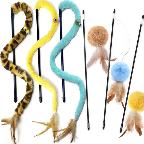 Miniatura 7 de Juguetes para gatos de interior, juguetes de varita de gato arco iris, bola de felpa con volteos de plumas, juguete interactivo de plumas para juego