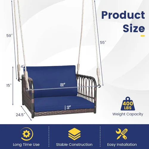 Miniatura 9 de HAPPYGRILL Silla de columpio para porche, asiento colgante tejido de ratán con cuerdas para colgar, ganchos de cojines, banco colgante de mimbre