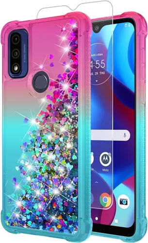 Funda para teléfono Moto G Pure, Moto G Play 2023 con protector de pantalla HD, diseño de arena movediza con purpurina líquida flotante en degradado
