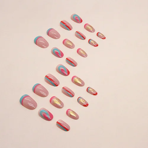 Miniatura 3 de Uñas postizas cortas a presión con diseño de almendra SWEKKE de verano, uñas postizas de color rosa de cobertura completa con diseños de remolinos