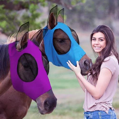 Miniatura 12 de Weewooday - 2 máscaras faciales de caballo con orejas, suaves y elásticas para moscas, cubierta de malla transpirable para los ojos, máscaras
