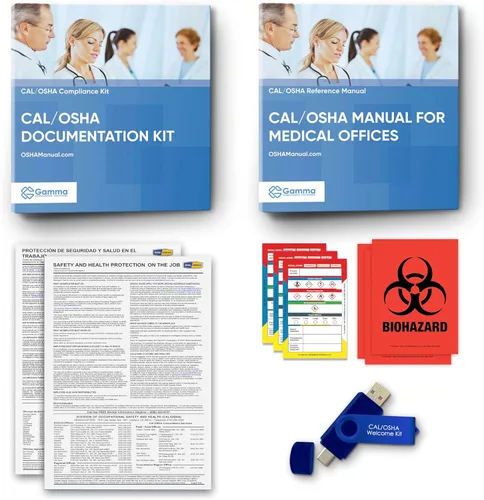 Paquete Cal/OSHA para consultorios médicos, incluye manual de reglamentos y estándares (impreso) + políticas y formularios de seguridad (impreso y