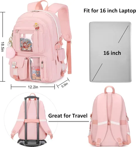 Miniatura 6 de Mochila para niñas con accesorios, mochila para laptop y libros de 16 pulgadas, bolsa escolar kawaii, mochila para universidad, viaje y día a día