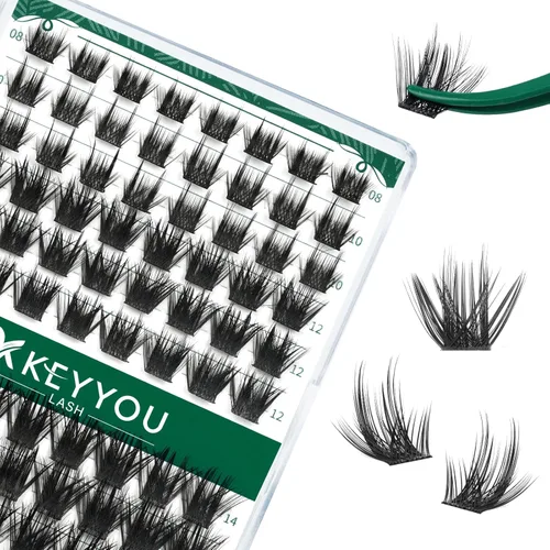 Miniatura 58 de KEYYOU Racimos de pestañas, 96 piezas de extensiones de pestañas DIY, rizado D de 16 mm, negro, realista, no irritante, fácil de colocar en casa