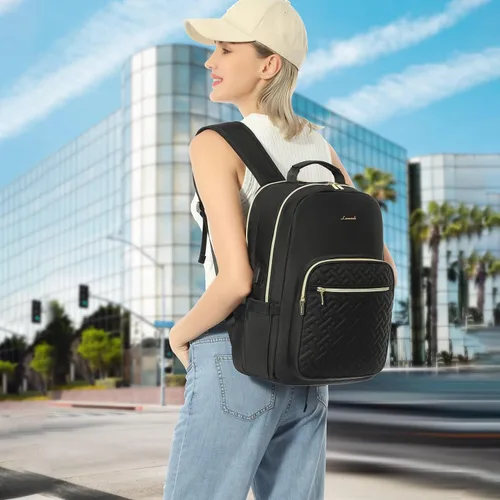 Miniatura 8 de LOVEVOOK Mochila para laptop para mujer, elegante mochila acolchada para viajes de negocios, trabajo, bolsa para computadora, con puerto USB