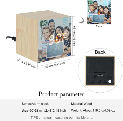 Miniatura 2 de Reloj despertador digital LED personalizado con foto grabada, pantalla de madera, humedad y temperatura, decoración moderna para dormitorio, hogar