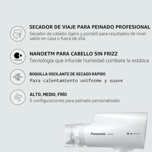 Miniatura 3 de Panasonic Nanoe - Secador de pelo compacto EH-NA2C-W (blanco) - Tecnología japonesa Nanoe, secador de pelo plegable de viaje con boquilla oscilante
