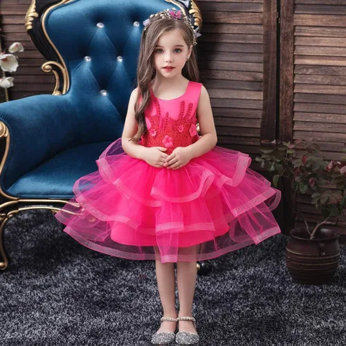 Miniatura 4 de Vestido de tul con flores para niñas pequeñas, vestido formal de fiesta de cumpleaños, vestido de fiesta de lentejuelas para desfiles, vestido tutú