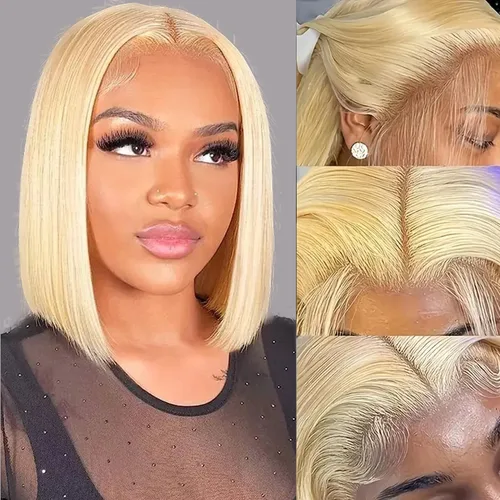 Peluca Bob de 10 pulgadas 613 rubio cabello humano 180 densidad lacio con encaje frontal pelucas de cabello humano prerasgueadas 613 con encaje