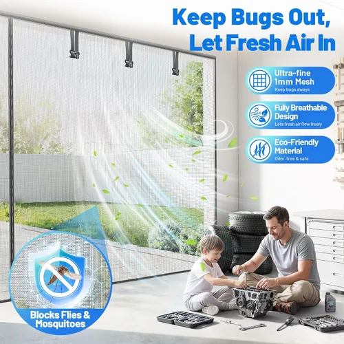 Miniatura 2 de Pantalla de puerta de garaje para garaje de 1 auto, malla magnética resistente con 6 correas enrollables, puertas de garaje de fibra de vidrio