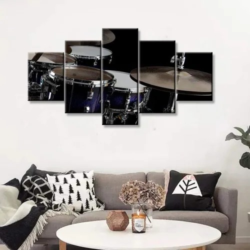 Miniatura 8 de Arte de pared en blanco y negro, kit de batería de jazz morado sobre fondo negro, pinturas de 5 paneles, lienzo, arte de pared para decoración