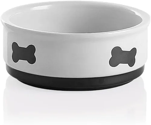 Sweejar Cuencos de cerámica para perros con patrón de huesos, plato de comida para perros pequeños, cuenco de porcelana para agua de 16 onzas Blanco