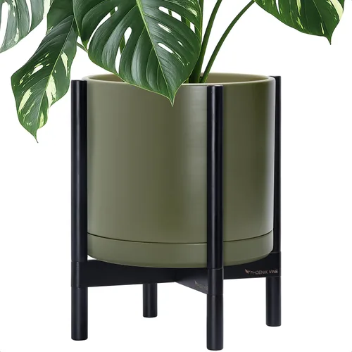 Miniatura 28 de D'vine Dev Maceta de cerámica con soporte de ébano – Maceta redonda moderna de 8 pulgadas con soporte para maceta de madera, color negro, 55-B-M-2