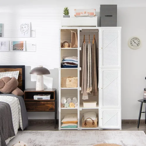 Miniatura 3 de Tangkula Armario Closet Portátil, Organizador de Ropa Plegable con Almacenamiento de Cubículos, Varillas para Colgar, Fácil de Ensamblar