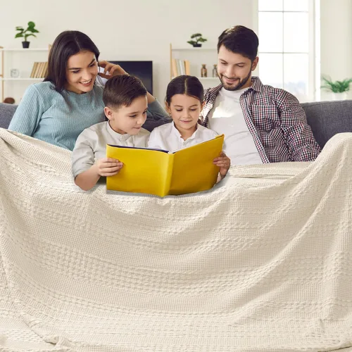 Miniatura 44 de PHF - Manta tejida de punto gofre 100% algodón, suave, ligera, transpirable, acogedora, de verano, para sofá y cama, tejida, estética, decoración