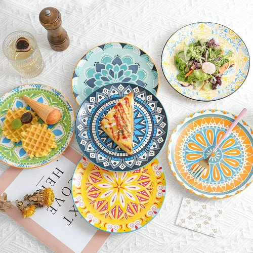 Miniatura 7 de Juego de platos de postre de cerámica de 6 a 8 pulgadas para ensalada y aperitivo, colores vibrantes para mezclar y combinar, aptos