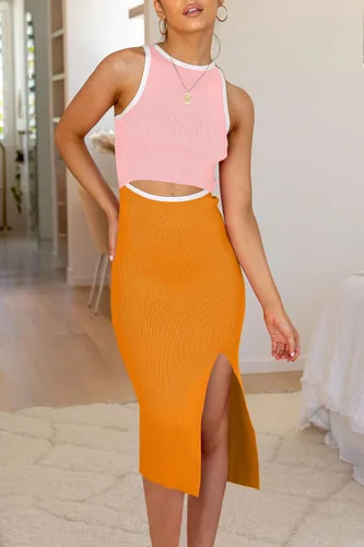 Miniatura 3 de PRETTYGARDEN Vestido de verano por debajo de la rodilla para mujer, casual, cuello redondo, abertura lateral, sin mangas, de punto, calado