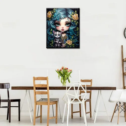 Miniatura 2 de Kit de pintura de cabeza de niña con flores, por números, con pinceles, animales, gatos, pintura al óleo acrílica para adultos y niños, plantas