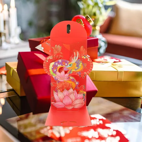 Miniatura 2 de Vaguelly Sobres rojos de año nuevo 3D 2024, 4 unidades, loto chino, carácter, año del dragón, Fengshui, Fortuna, sobre Hong Bao Lucky Money Red As