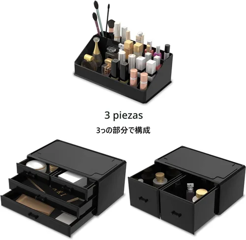 Miniatura 5 de READAEER Organizador de maquillaje 3 piezas Estuche de almacenamiento de cosméticos con 6 cajones (negro)