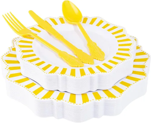Miniatura 10 de COLOSUS Juego de cubiertos dorados desechables de 350 piezas de plástico blanco para fiesta: 50 platos de cena, 50 platos de postre, 50 servilletas