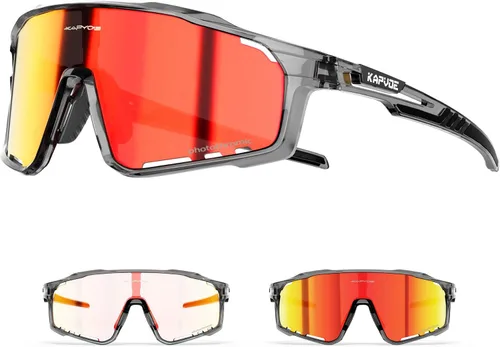 KAPVOE Gafas de ciclismo fotocromáticas para hombres y mujeres, gafas de sol deportivas, marco de decoloración HD, gafas de bicicleta K76 Gris Negro