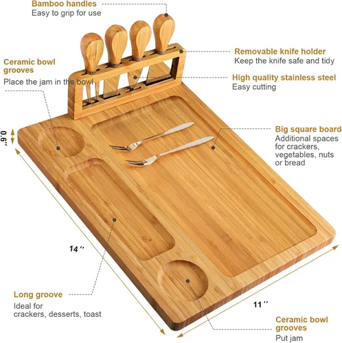 Miniatura 3 de Juego de tablas de queso de bambú, tablas de charcutería y plato de carne para servir, bandeja de queso con 4 cuchillos de queso de acero