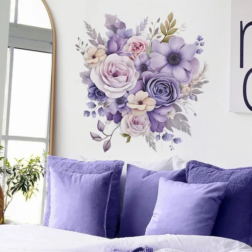 Miniatura 2 de Calcomanías de pared de flores de margaritas y rosas moradas, calcomanías de pared de arte floral romántico en acuarela extraíble, vinilo extraíble