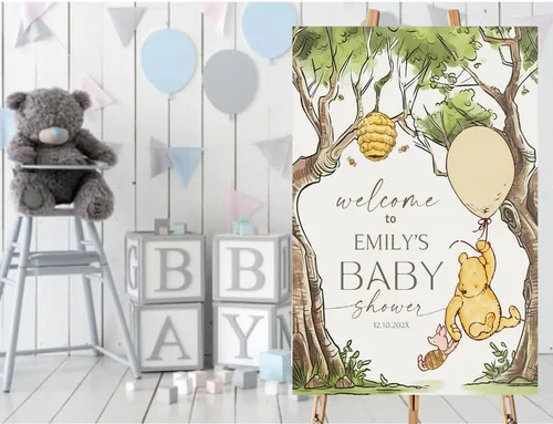 Miniatura 3 de Winnie The Pooh - Letrero de bienvenida personalizado para bebé, decoraciones clásicas para baby shower