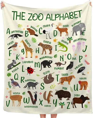 Miniatura 17 de Manta de franela con diseño del alfabeto de animales, súper suave, ligera, para niños, adultos, adecuada para sofá, cama, campamento, viajes, todas