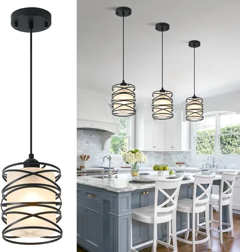 Miniatura 11 de Paquete de 1 lámpara colgante de 6.3 pulgadas en espiral negra para isla de cocina, luz moderna de metal soplado a mano, vidrio sembrado, luz Negro