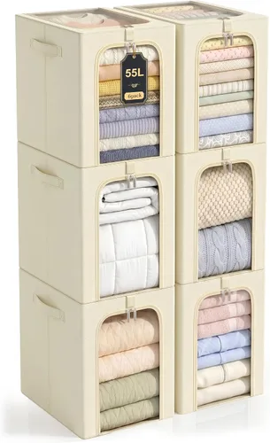 Miniatura 13 de GoMaihe Clothes Storage Bins with Metal Frame, 40L Sweater Storage Boxes for Above Shelf Closet, 4 Pack Stackable Clothing Storage Organizer with