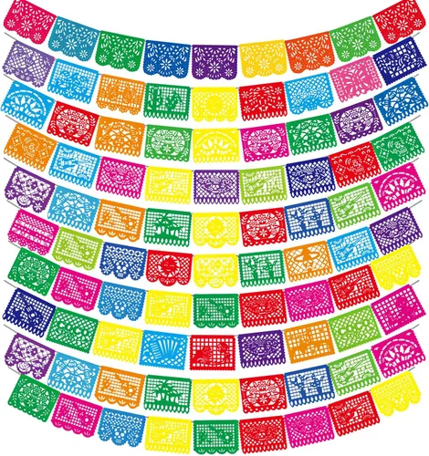 Sinmoe Paquete de 10 pancartas largas para decoración de fiesta mexicana, papel picado, decoración de fiesta mexicana, bandera de plástico total de