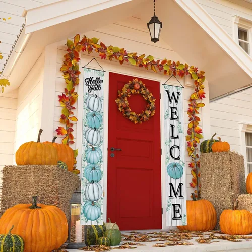 Miniatura 3 de Cartel de otoño de otoño con hojas de eucalipto de calabaza azul, decoración de Acción de Gracias, tablero para colgar en la pared, suministros