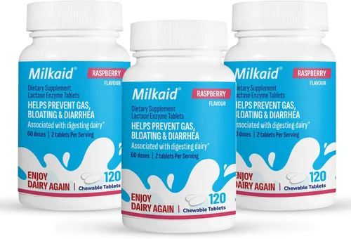 Milkaid Comprimidos masticables de enzima lactasa para aliviar la intolerancia a la lactosa | Previene gases, hinchazón y diarrea | Suplemento