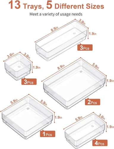 Miniatura 2 de SMARTAKE Organizador de cajones de 13 piezas con almohadillas de silicona antideslizantes, bandeja organizadora de cajones de escritorio de 5
