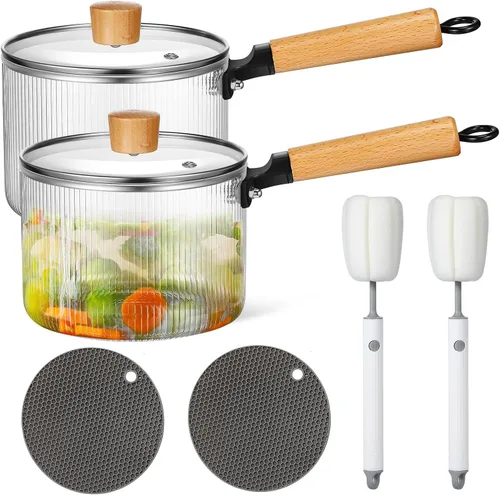 Uiifan 2 Juegos de Ollas de Vidrio para Cocinar en la Estufa, Utensilios de Cocina de Vidrio Transparente, Olla de Cocción Transparente con Tapa,