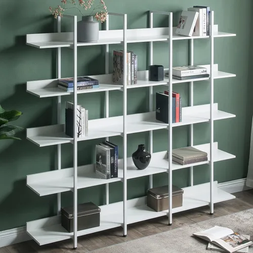 Miniatura 10 de YISUYA Estantería alta de madera de 5 niveles para dormitorio, estantería industrial moderna de mediados de siglo con almacenamiento para sala