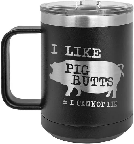 Taza de café con tapa deslizante con texto en inglés "I Like Pig Butts 15 oz" | Taza de café de viaje aislada | Idea de regalo para barbacoa y Negro