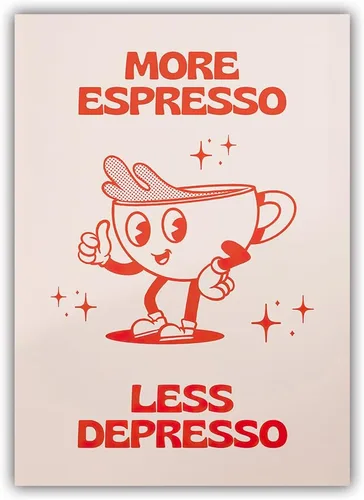 Miniatura 10 de Póster retro con texto en inglés «More Espresso Less Depresso», bonita taza de café de dibujos animados, citas rojas, arte de pared, divertido