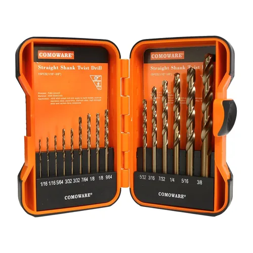 COMOWARE Juego de 15 brocas (1/16 a 3/8 pulgadas), brocas helicoidales M35 HSS, longitud Jobber, vástago recto, juego de brocas de metal para acero,