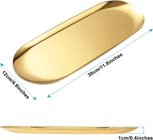 Miniatura 2 de Bandeja ovalada dorada de acero inoxidable (11.8 pulgadas de largo x 4.8 pulgadas de ancho) – Mini bandeja de mesa auxiliar para joyas, cosméticos